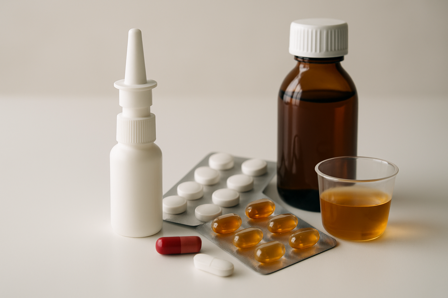 Verschiedene rezeptfreie Erkältungsmittel - Hustensaft, Nasenspray und Halstabletten