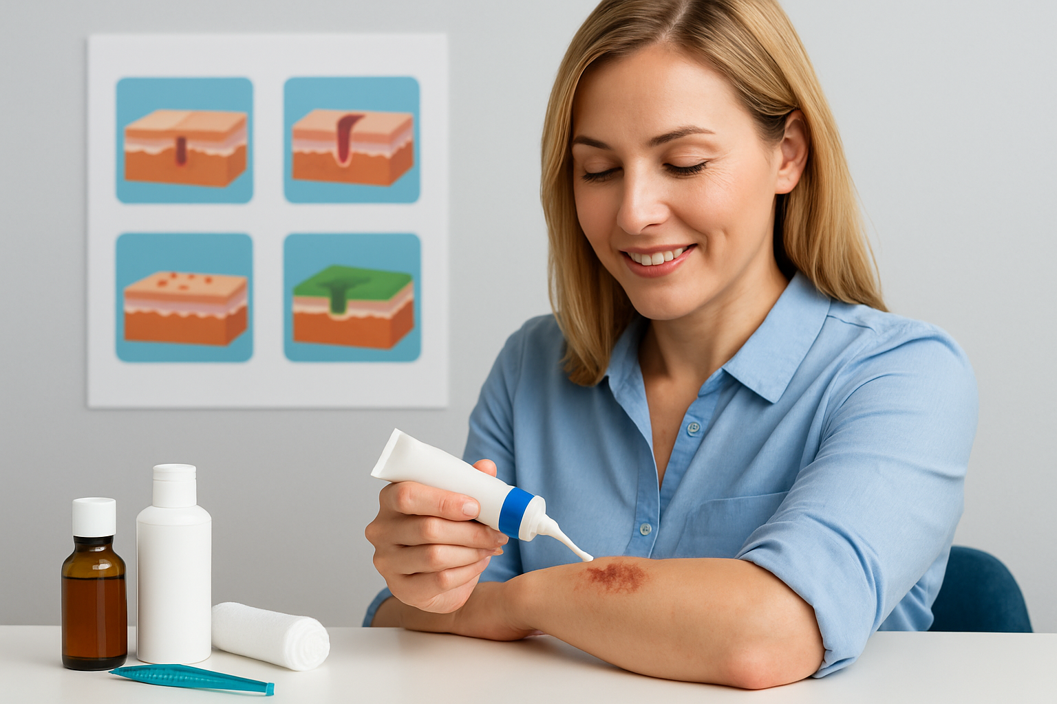 Verschiedene Wundheilsalben und Cremes zur Behandlung von Hautverlet­zungen ohne Rezept